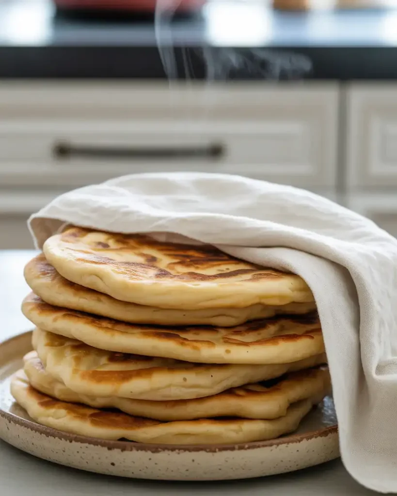 Stack of warm toastul covered with a towel to maintain softness and temperature