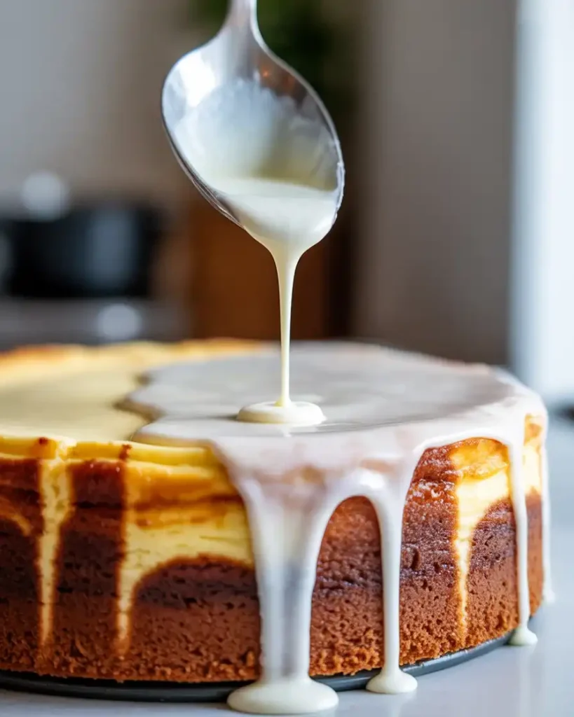 Sweet vanilla glaze drizzled over the swirled cinnamon cheesecake