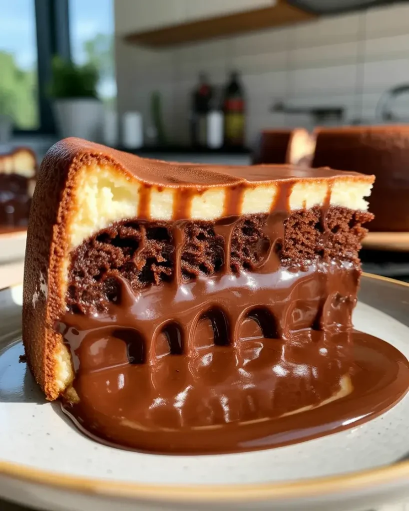 Cross-section reveals the distinct cake layer and rich fudge sauce below