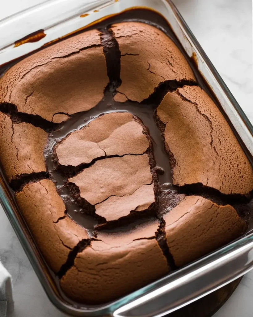 Perfectly baked cake shows cracks with glossy fudge sauce visible underneath