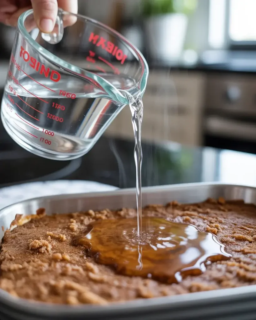 Pouring hot water creates the magic that forms the fudge sauce layer