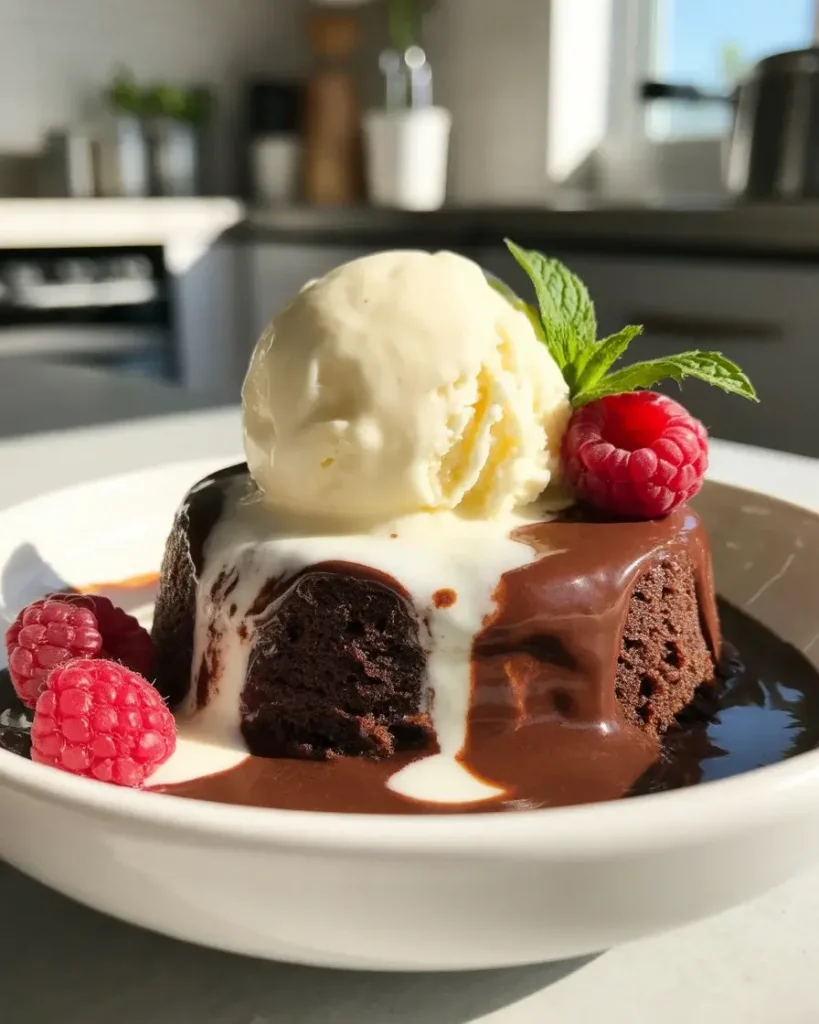 Vanilla ice cream melting into warm fudge sauce creates irresistible texture contrast
