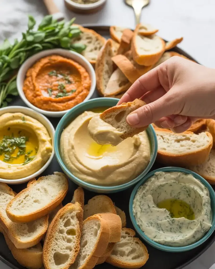 Toastul served with various dips including hummus, muhammara, and herbed butter