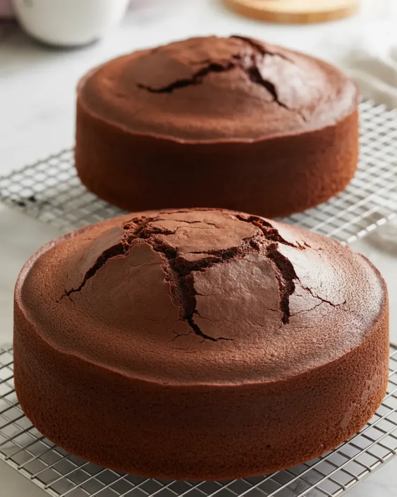 Freshly baked chocolate orange cake layers cooling on wire racks