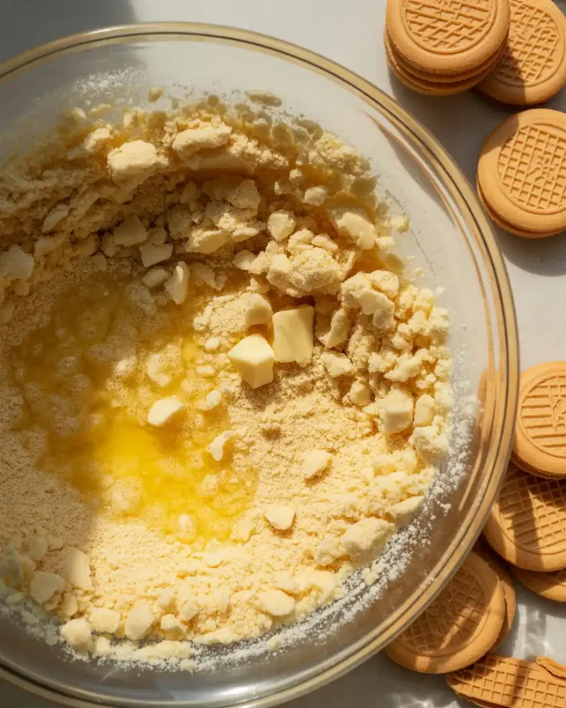 Vanilla wafer crust mixture ready to press into springform pan