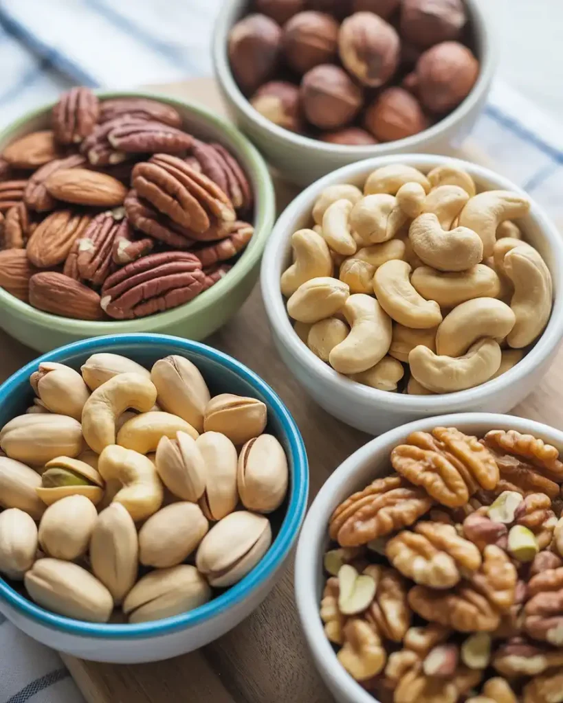 Various nut options for customizing your almond bark recipe including pecans and cashews