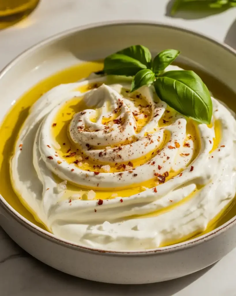 Whipped ricotta served with olive oil, red pepper flakes, and fresh herbs