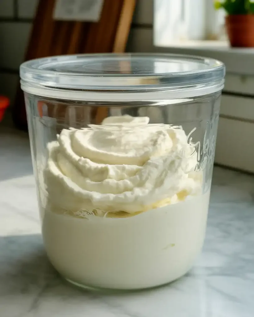 Whipped ricotta stored in an airtight container for make-ahead preparation