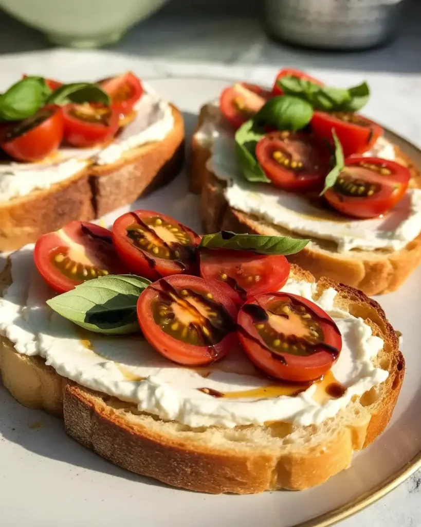 Whipped ricotta toast with cherry tomatoes and fresh basil