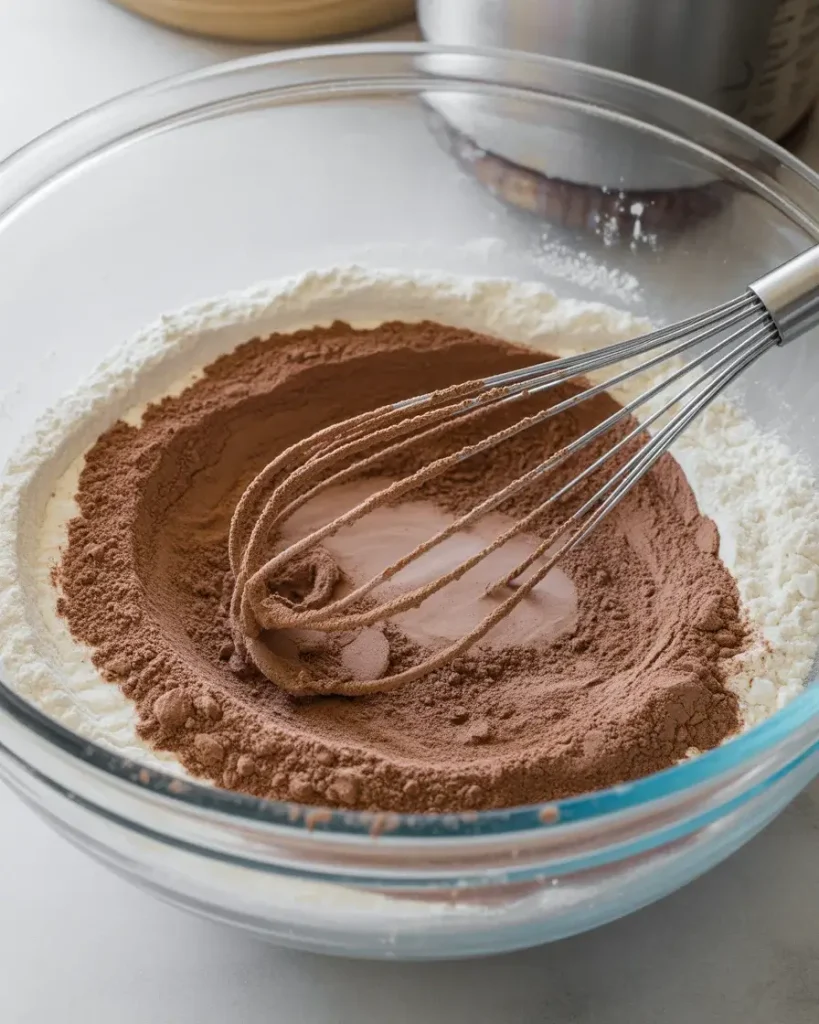 Whisking dry ingredients until cocoa is evenly distributed throughout