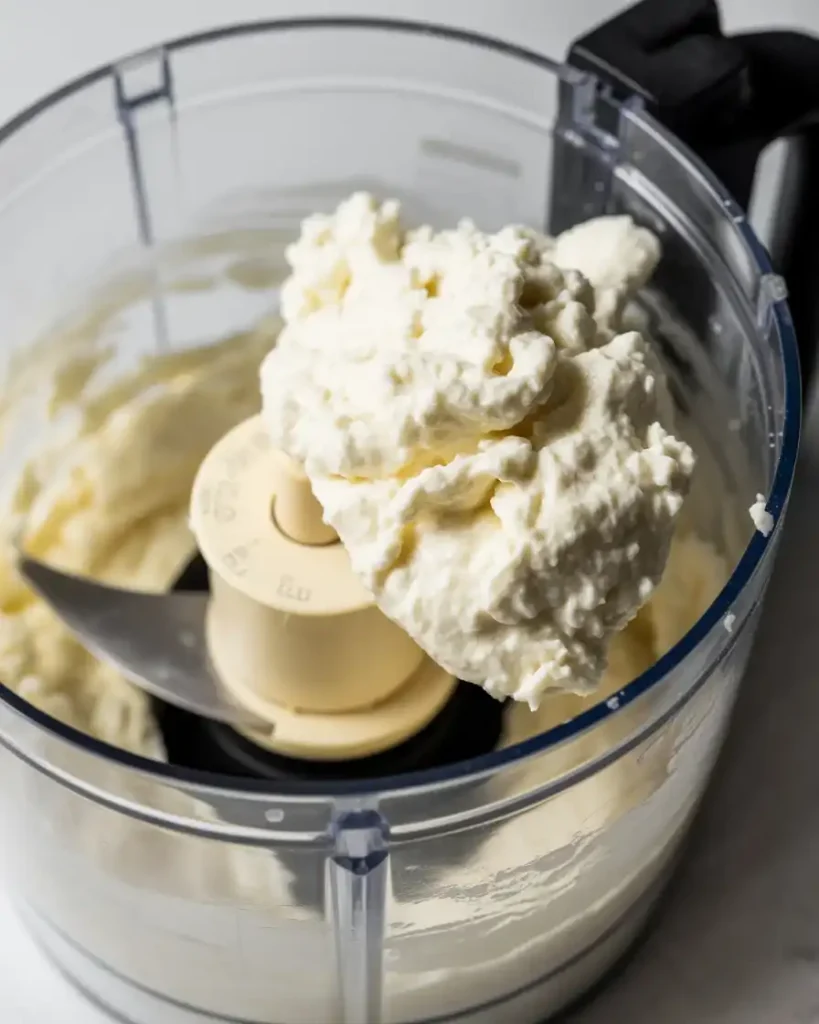 Whole milk ricotta in the food processor before blending