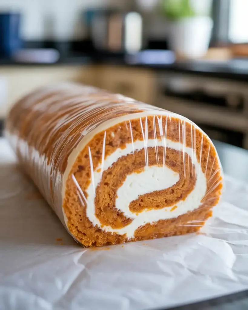 Wrapped carrot cake roll ready for chilling to set the filling
