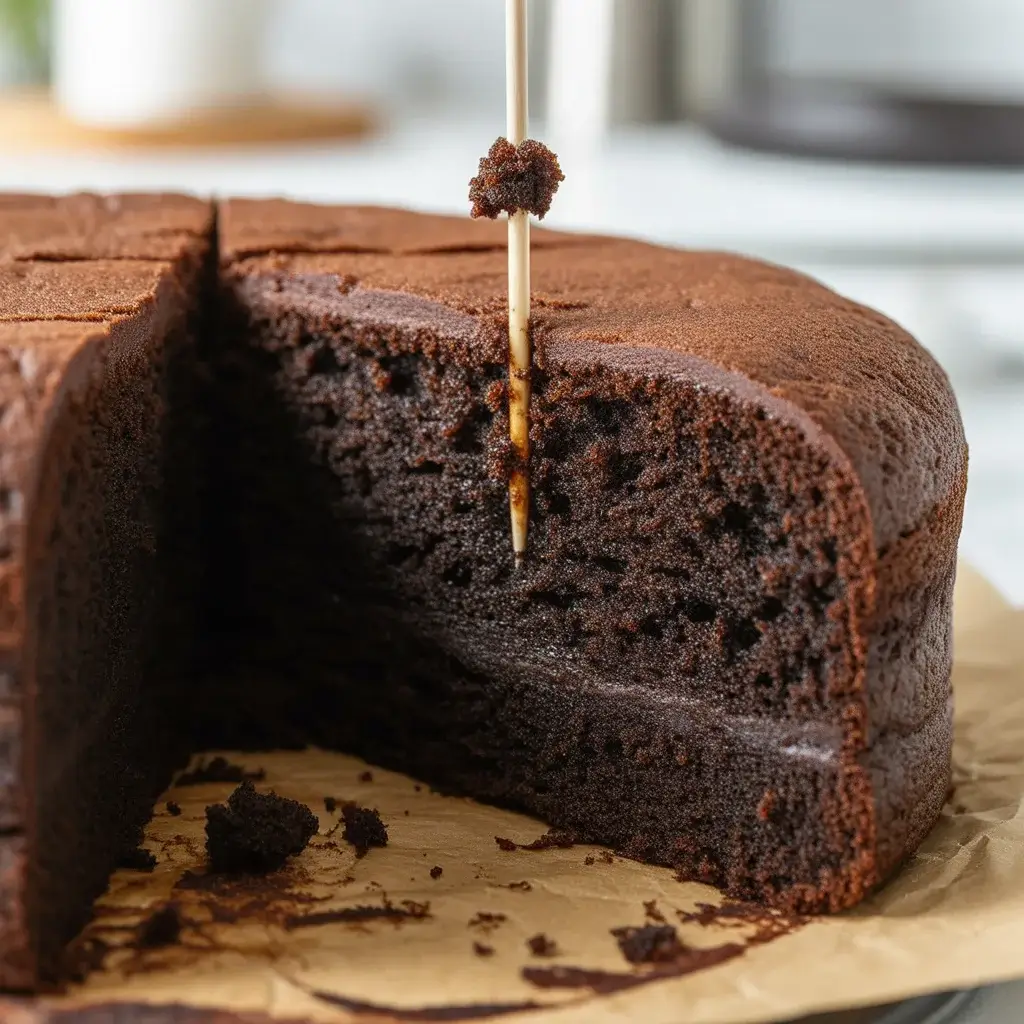 A toothpick with a few moist crumbs - not wet batter - means perfectly baked layers