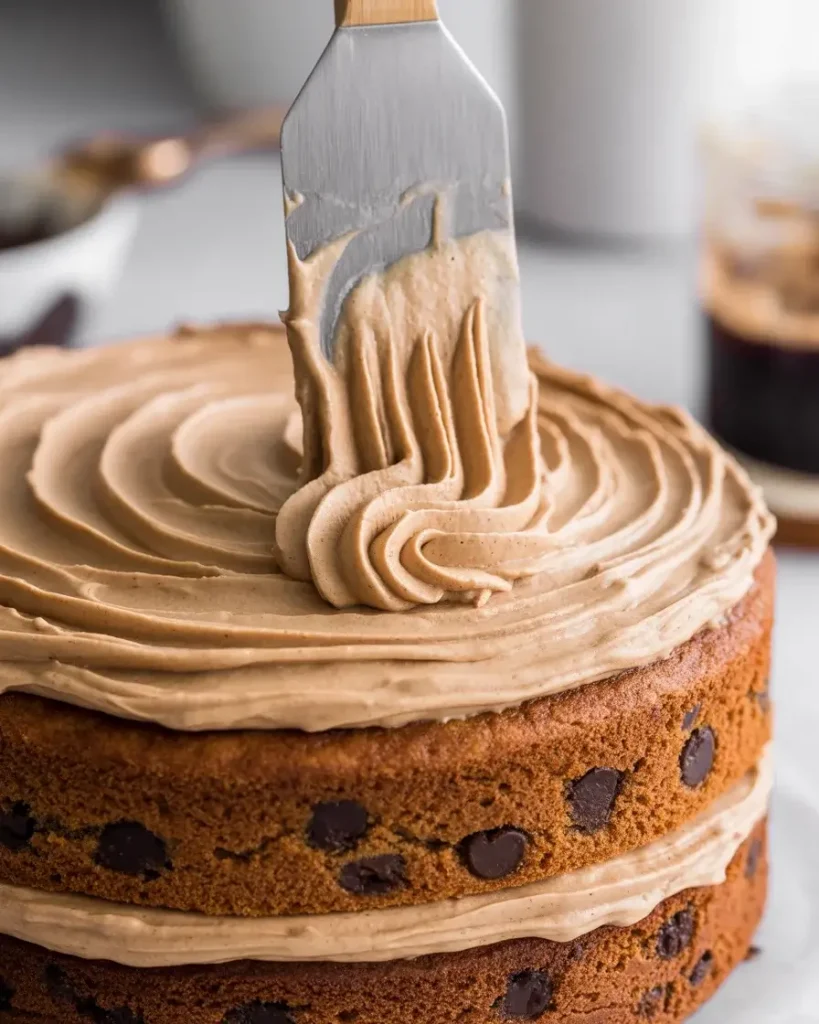 Applying mocha buttercream to espresso chip cake layers with offset spatula