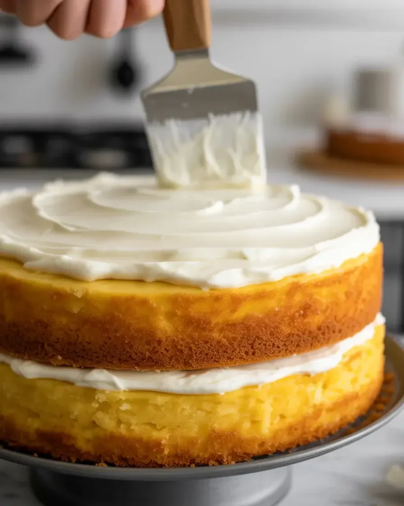 Assembling layers with cream cheese frosting between and around cake