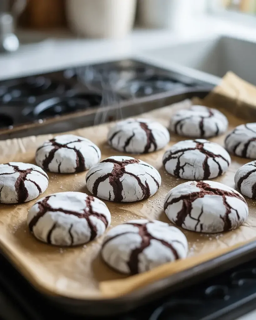 Baked crinkle cookies with dramatic cracks and soft, fudgy centers
