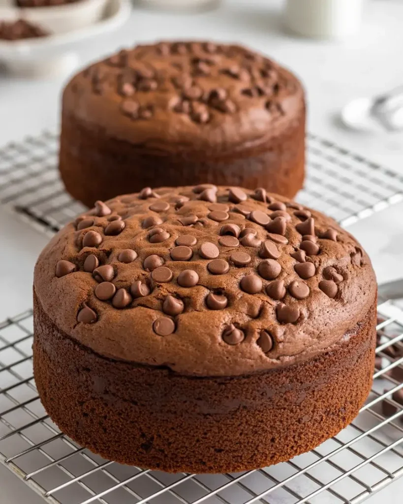 Baked espresso chip cake layers cooling with chocolate chips visible throughout