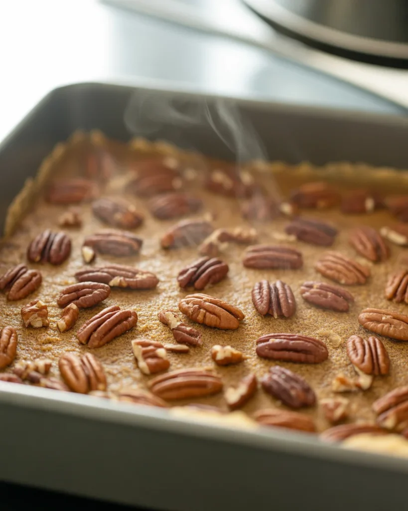  Baked pecan crust with golden edges and toasted nuts ready for layering