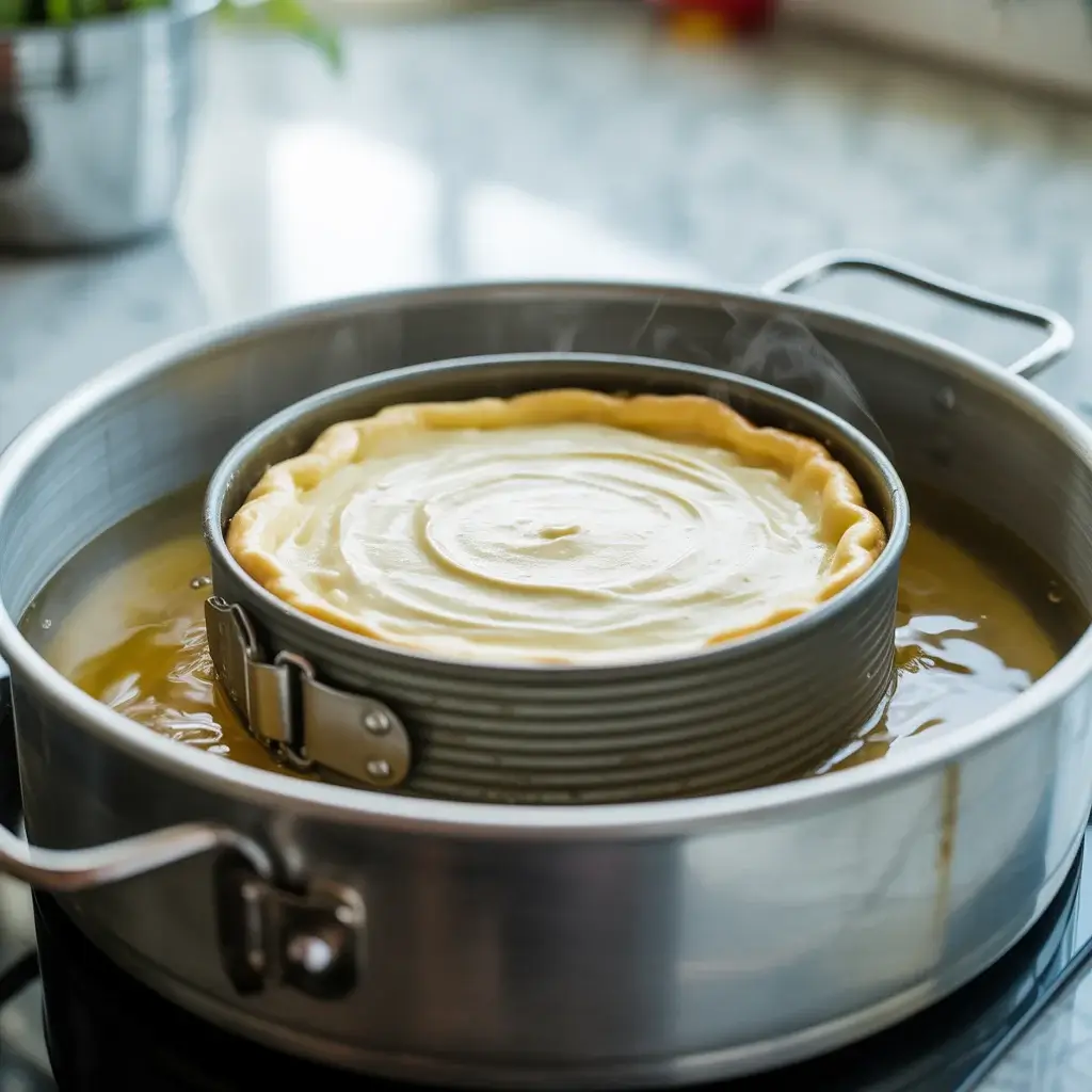 Baking cheesecake in a water bath keeps the filling silky and crack-free