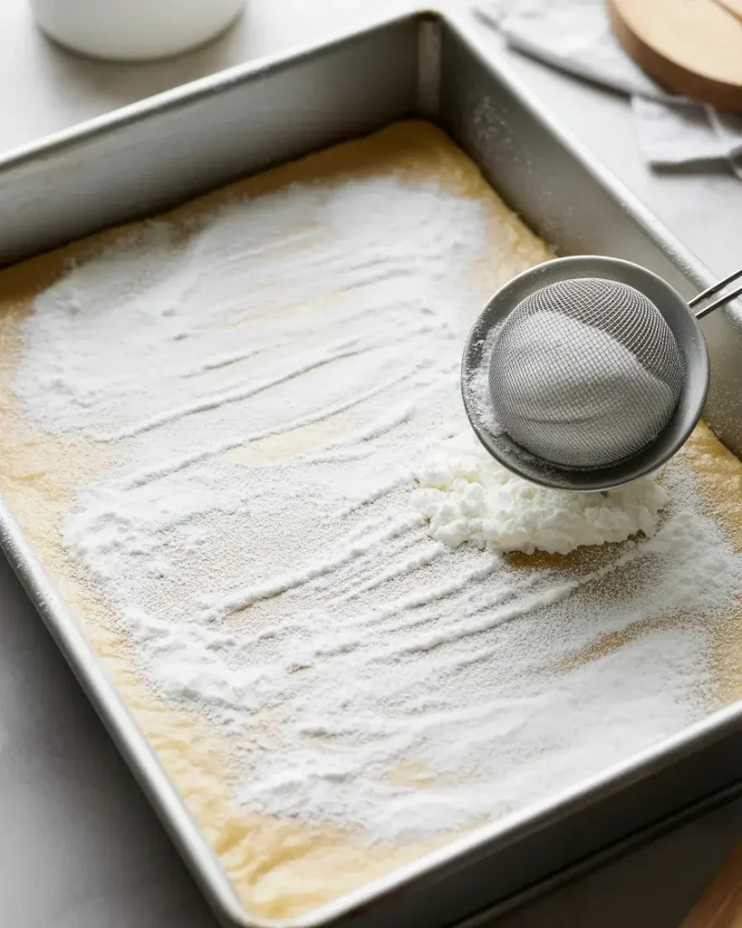 Baking pan dusted with powdered sugar prevents sticky marshmallow from cementing to pan