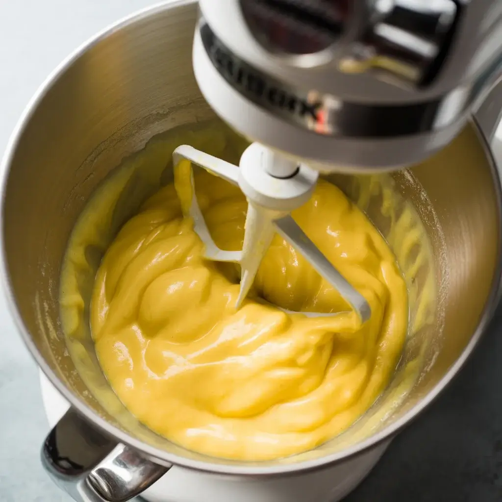 Batter after adding eggs and lemon juice should be smooth and glossy