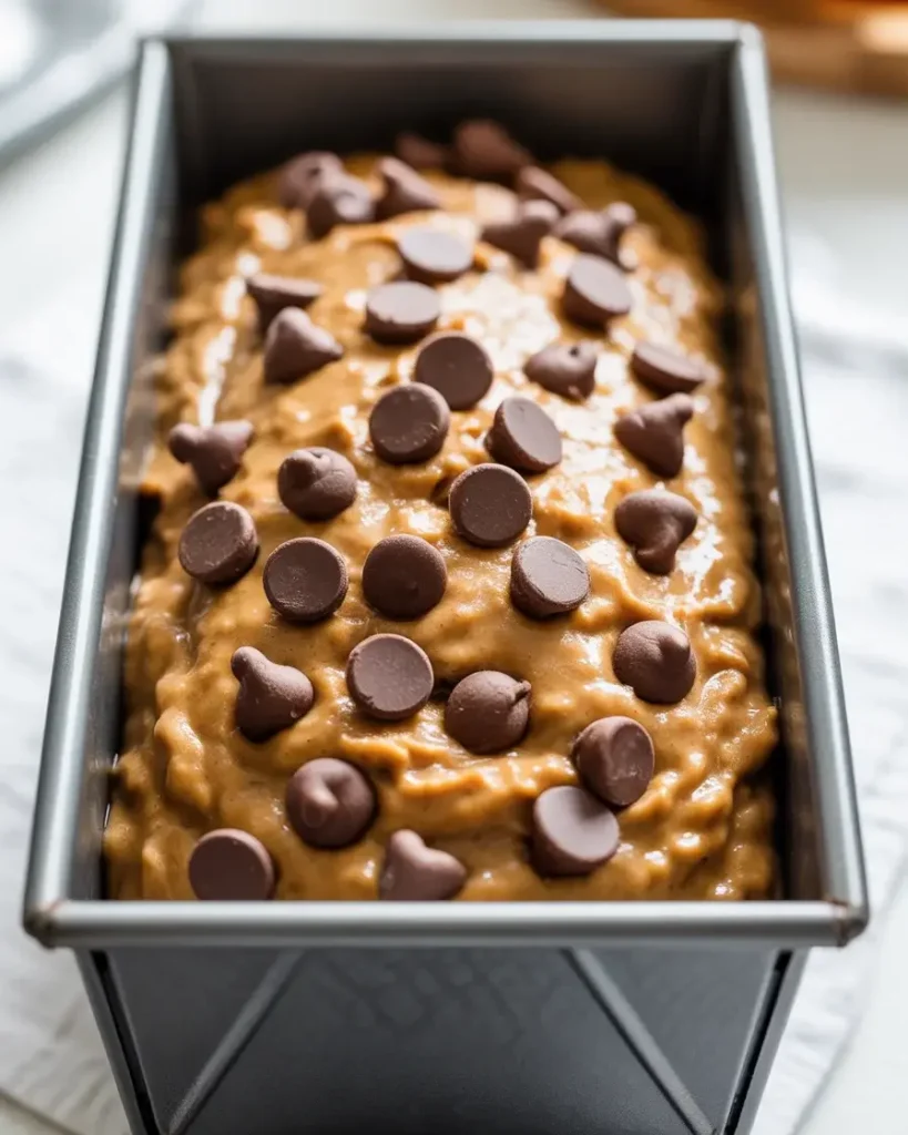 Batter spread evenly in pan with chocolate chips sprinkled on top