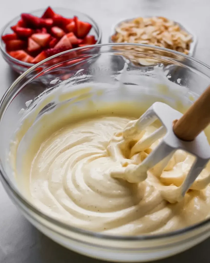 Beat cream cheese until fluffy before folding in fresh strawberries and coconut