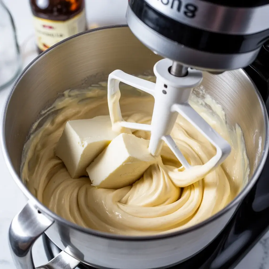 Beating cream cheese to silky smooth before adding eggs on low speed