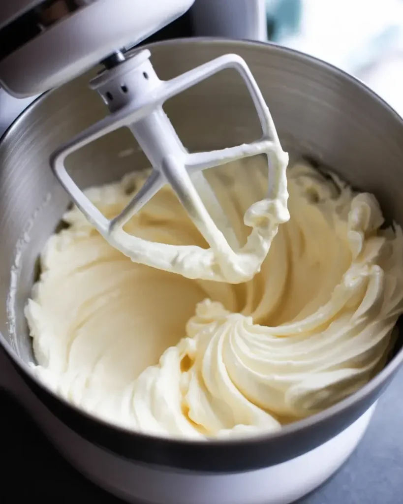 Beating cream cheese until smooth and fluffy before adding other ingredients