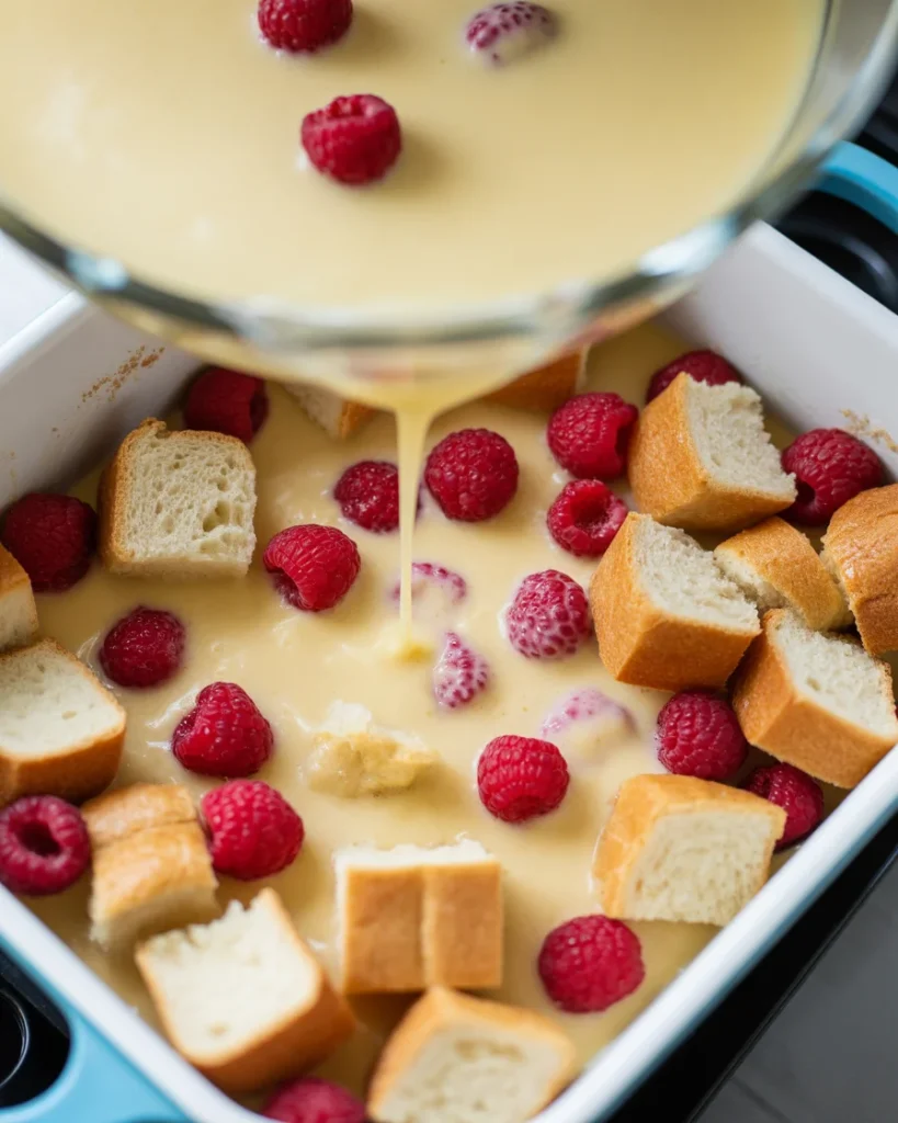 Bread and raspberries soaking in custard mixture before baking