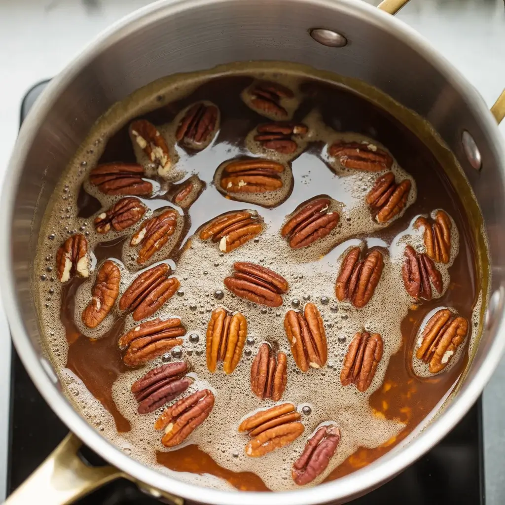Caramel pecan topping bubbling with dark brown sugar and heavy cream