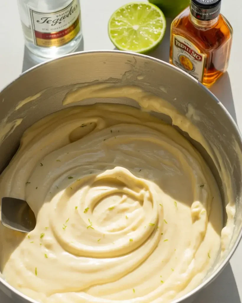 Cheesecake batter with fresh lime zest and tequila mixed in