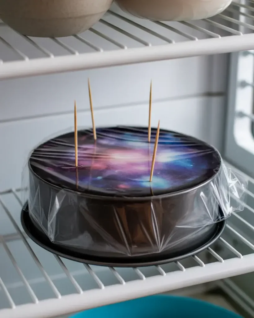 Cheesecake chilling overnight with plastic wrap propped to protect the glittery surface