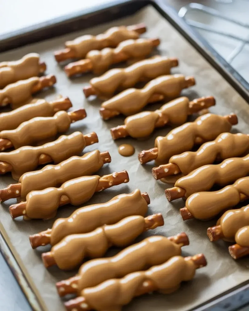 Chilled caramel-topped pretzels ready for chocolate coating