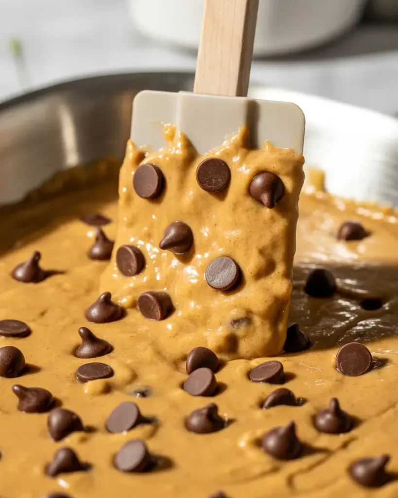 Chocolate chips folded evenly throughout the thick batter