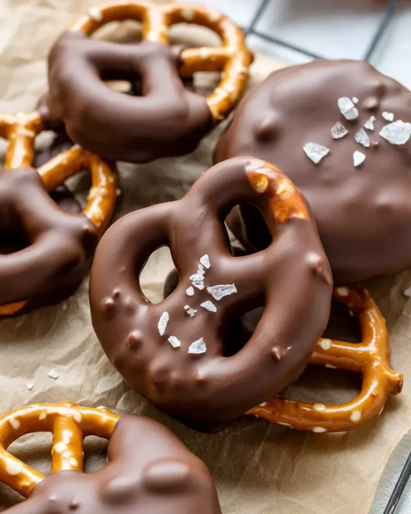 Chocolate-dipped pretzels topped with flaky sea salt crystals