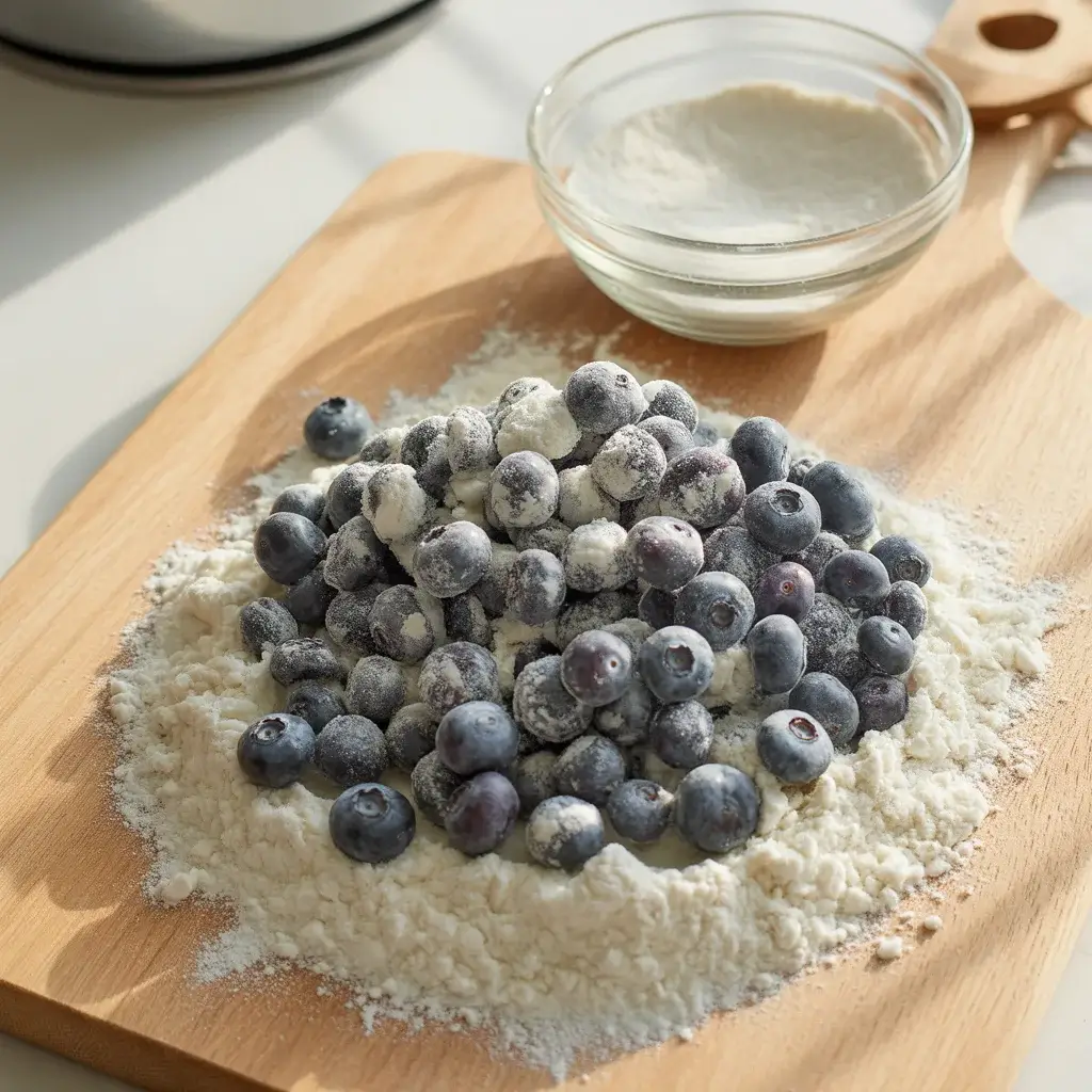 Coating blueberries in flour prevents them from sinking to the bottom while baking