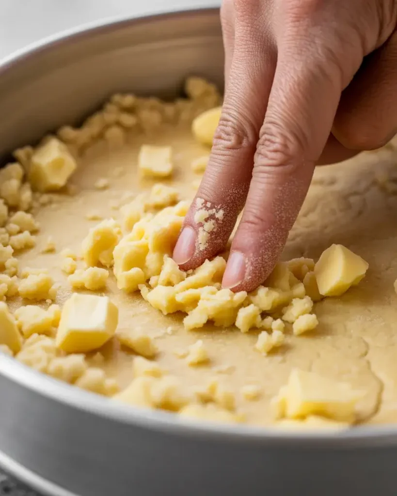Cold butter pieces in crust mixture create crisp, flaky base layer