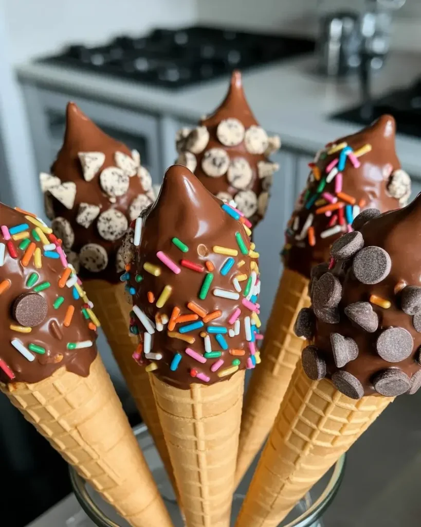 Colorful sprinkles and toppings pressed into chocolate ganache