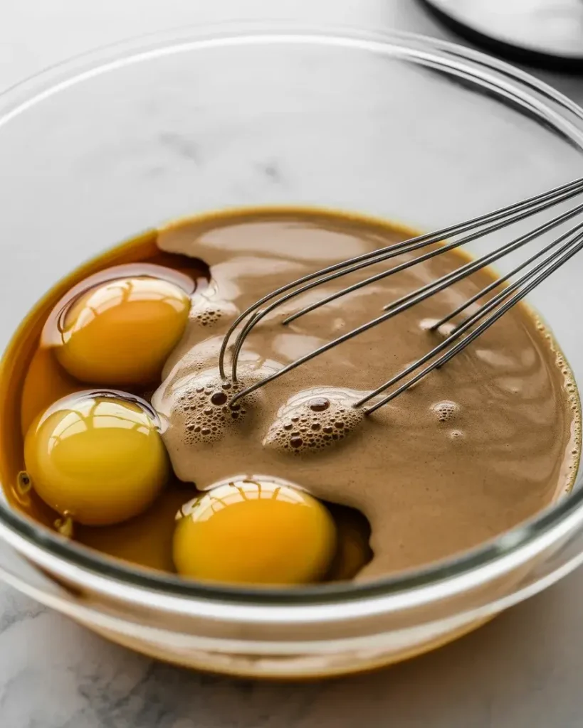 Combined wet ingredients with reduced espresso creating a smooth mixture