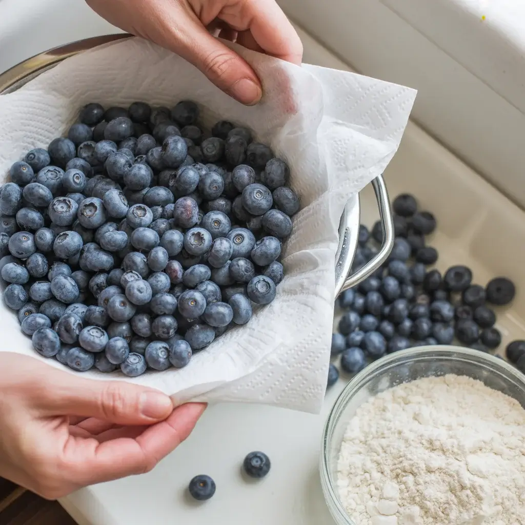 Completely dry fresh blueberries before coating to ensure flour adheres properly
