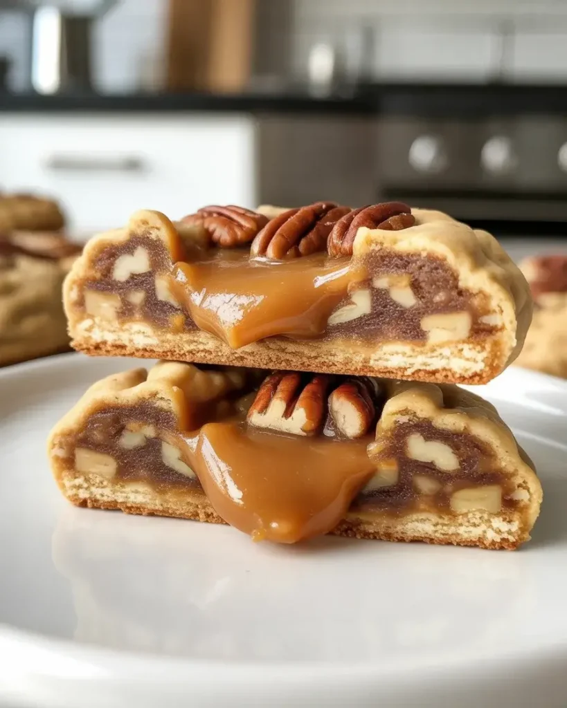 Cookie broken open to show gooey caramel center and chewy pecan dough