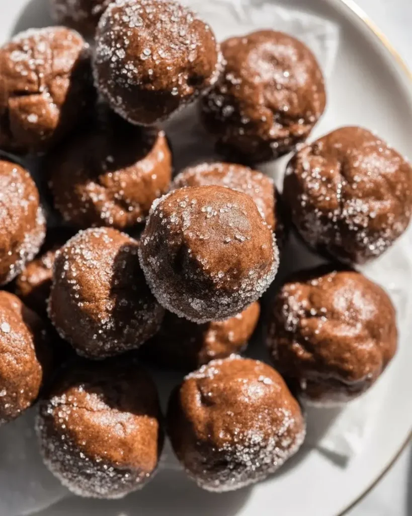 Cookie dough balls coated in granulated sugar before powdered sugar coating