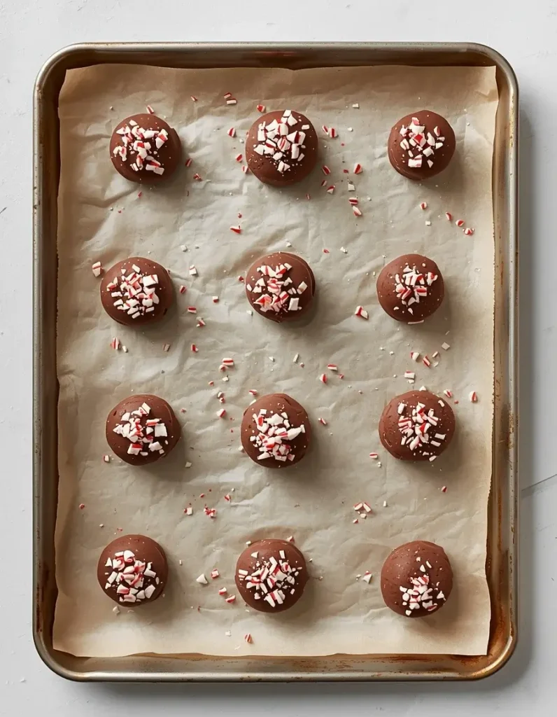 Cookie dough balls topped with crushed candy canes before baking