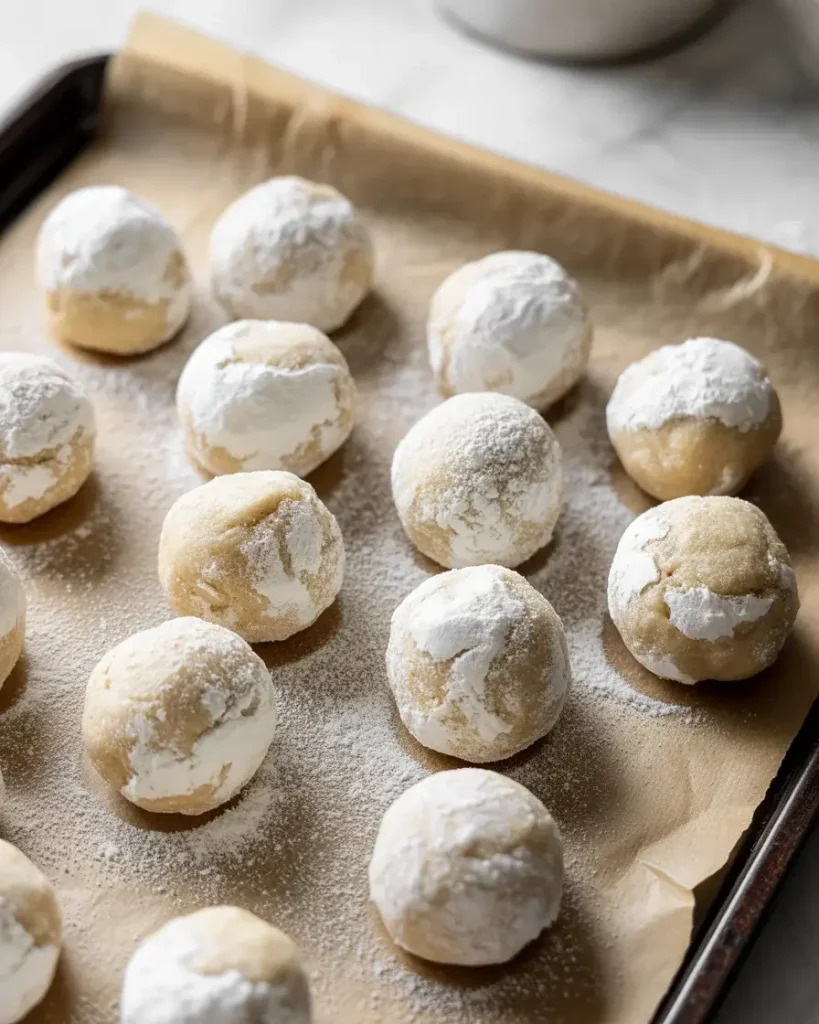 Cookies coated in thick powdered sugar layer before baking