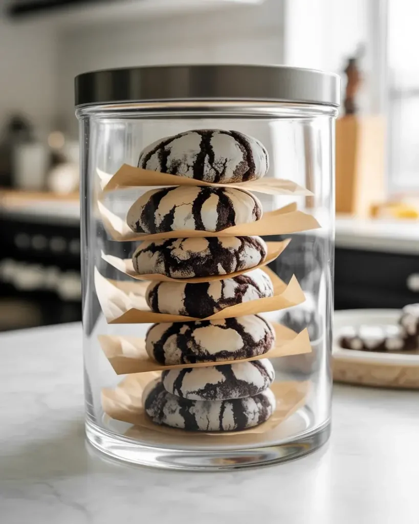 Cookies stored with parchment layers in airtight container for freshness