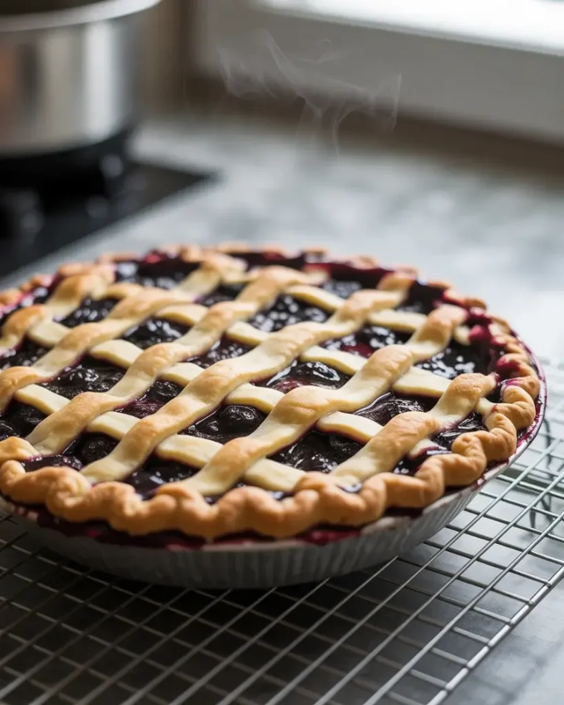 Cooled berry pie with set filling ready for perfect slices