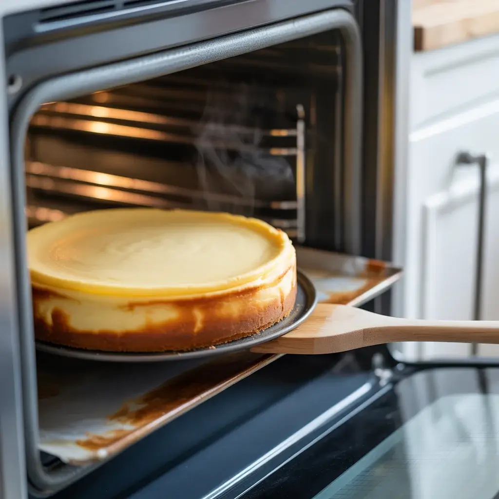 Cooling cheesecake slowly in the oven prevents cracking from temperature shock