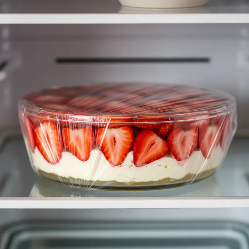 Covered dessert chilling in the refrigerator to set the layers perfectly overnight