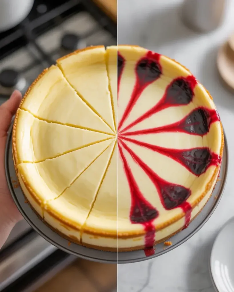 Crack-free cheesecake cooling gradually before refrigeration for perfect texture